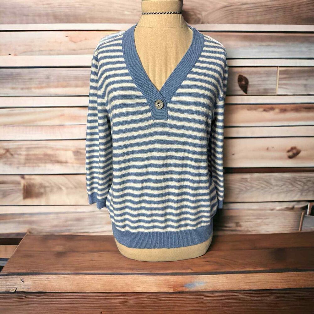 Lauren Ralph Lauren Blue White Striped V Neck Sweater Cotton Size Medium